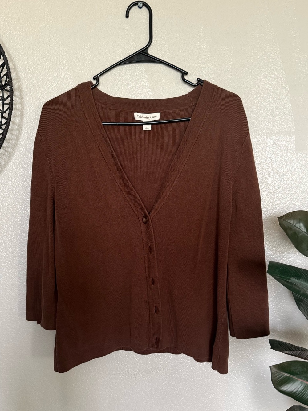Coldwater Creek 70% Silk Cotton Blend V-Neck Knit Cardigan Brown